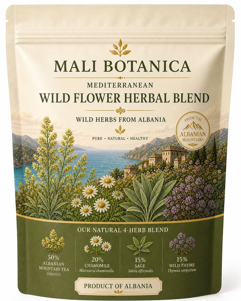 Mali Botanica Mediterranean Wild Flower Herbal Blend package from Albania with herb blend composition displayed