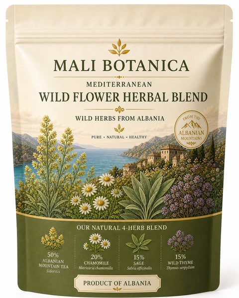 Mali Botanica Mediterranean Wild Flower Herbal Blend package featuring Albanian herbs and mountain landscape artwork